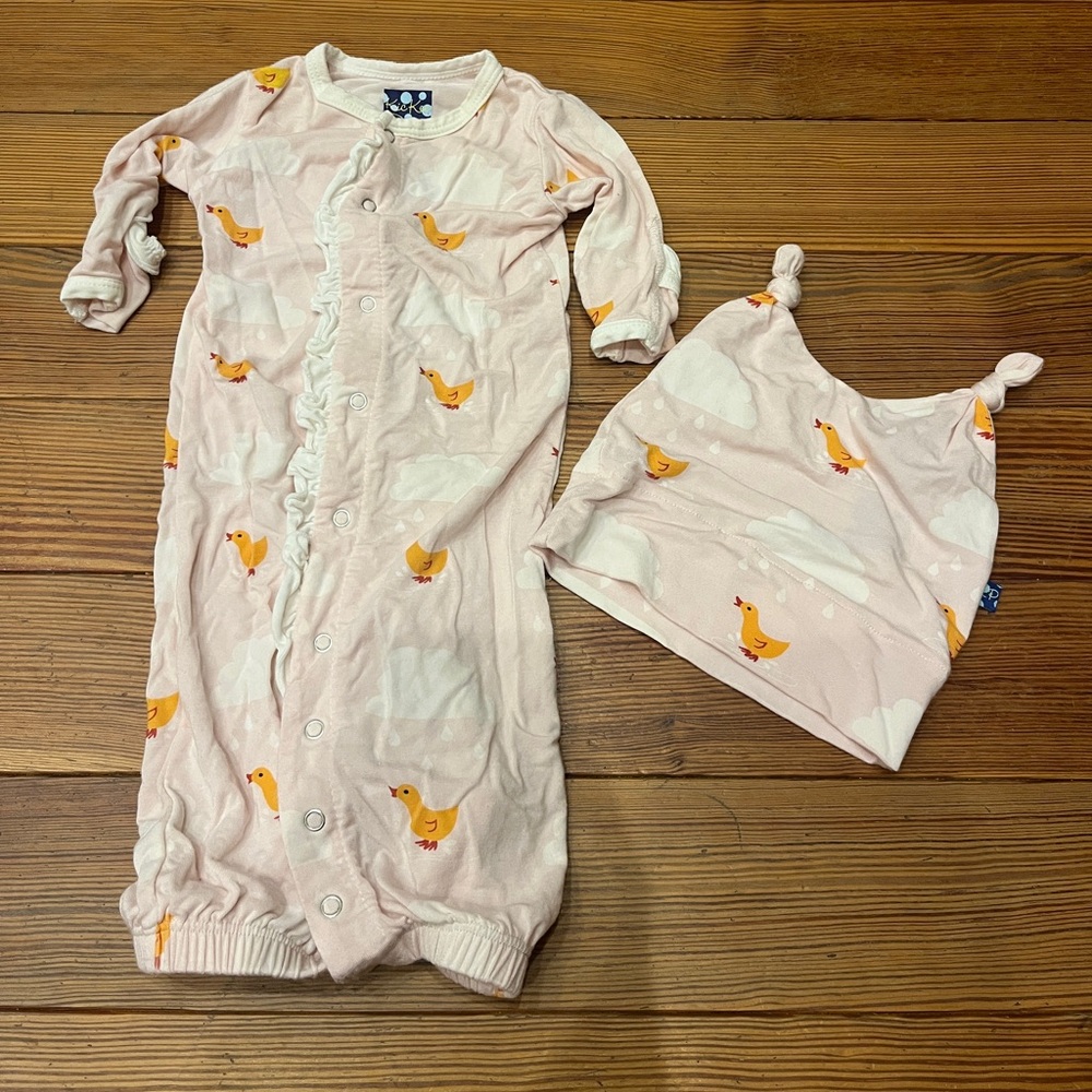 Kickee Pants Pink Duck Print Sleep Converter Gown and Hat